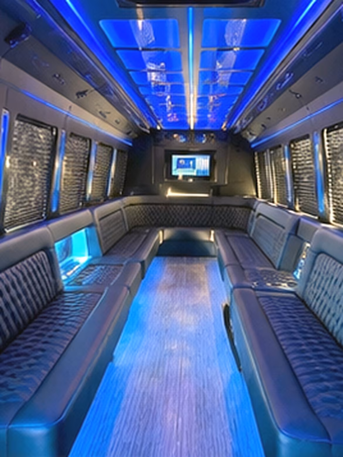Wedding guests seated inside a party bus serving Long Beach